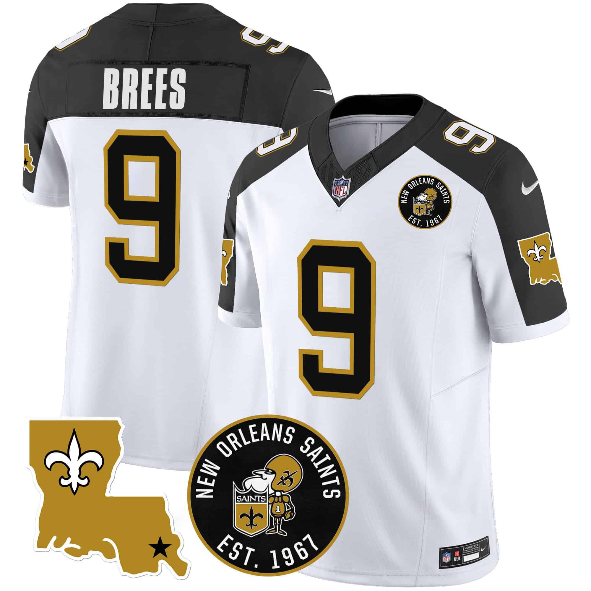 Men New Orleans Saints #9 Brees White 2024 Nike 1967 Patch Vapor Limited NFL Jersey style 1